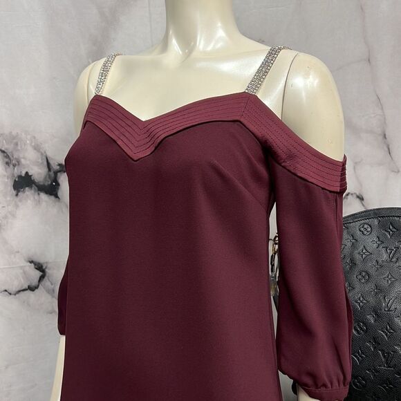 Trina Turk maroon off the shoulder dress with large rhinestone straps - Picture 2 of 7